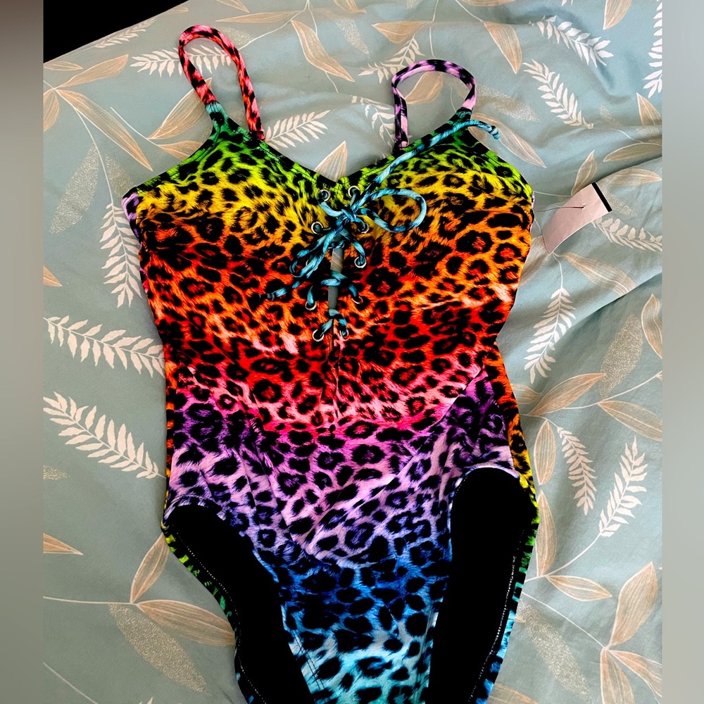 Sirena Swim Rainbow Leopard Print One-Piece Bathing Suit  Medium